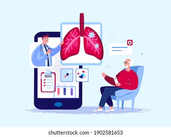 Online Pulmonology Mobile Application.Doctor Pulmonologist Consultate Patient Pensioner Old Man.Home Medical Hospital.Airways,COVID, Lungs Pneumonia Treatment. Smartphone Digital Service. Illustration