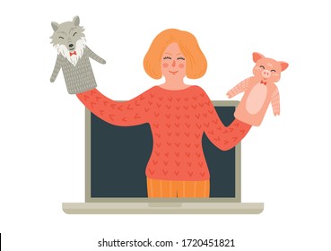 Online puppet theatre show. Woman on laptop screen tells  folk fairy-tale about wolf and pig. Distance children entertainment. Preschool education concept.