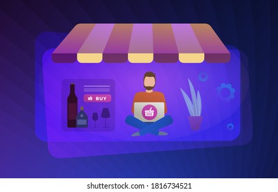 Online purchase of alcohol flat vector concept illustration. Alcohol E-commerce: vodka, whiskey, wine, rum from home in specialized alco shop stores with remote delivery and online payment.