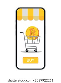 Compra online. Bitcoin. Telefone celular, carrinho de compras no supermercado, comprar