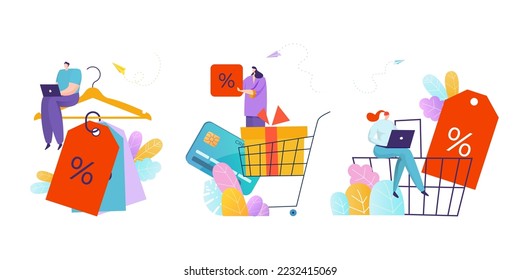 Online purchase clothes, shopping card set tiny character remote discount sale buy dress flat vector illustration, isolated on white.