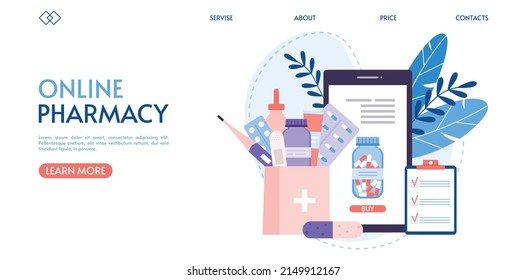 Online purchase and delivery of medicines. Concept purchase and delivery medical drugs. Ordering medicines online. Online pharmacy landing page template. E-commerce concept. Vector on white background