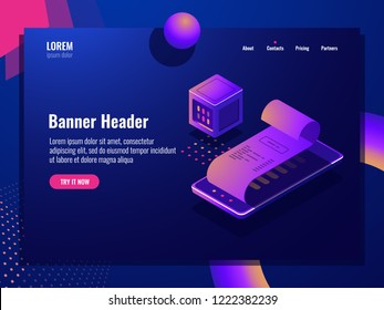 Online purchase isometric icon, payment receipt, electronic bill, pay application mobile phone dark neon vector