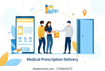 Online Purchase Of Medication Using A Prescription On A Mobile Device And Delivery To The Door During The Covid-19 Pandemic, Colored Vector Illustration