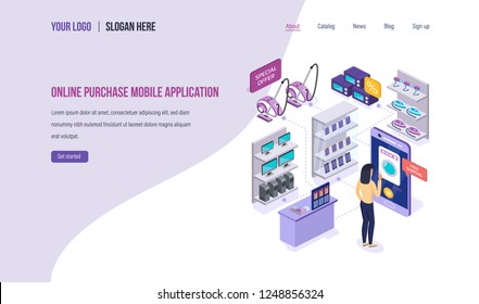 Compra en línea aplicación móvil. Comercialización digital, compra en tiendas en línea, comercio electrónico, compra usando aplicaciones móviles en smartphone. Plantilla de página de destino.Vector isométrico.