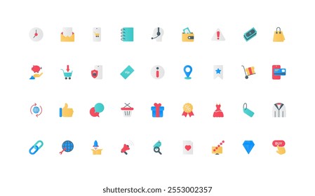 Online purchase and order in store mobile app, marketplace color icon set. Gift and price tag, customer discount and favorite products, shopping cart, button buy flat elements vector illustration