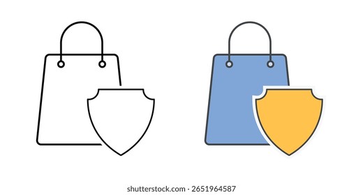 Ícone de privacidade de compra on-line com saco de compras e símbolo de escudo, ideal para transações seguras, proteção do comprador e ilustrações de privacidade de compras digitais.