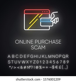 Online Purchase Scam Neon Light Icon. Internet Shopping, Consumer Fraud. Fake Retailer Website. Cybercrime. Phishing. Glowing Sign With Alphabet, Numbers And Symbols. Vector Isolated Illustration