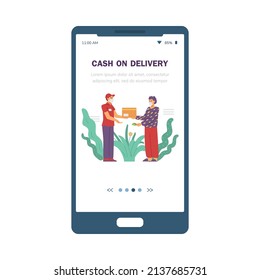 Online purchase shipping and payment in pandemic situation concept for onboarding page of mobile app, flat vector illustration. Paying in cash during quarantine.