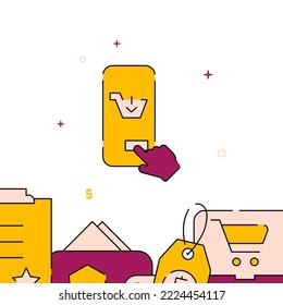 Online purchase smartphone filled line vector icon, simple illustration, related bottom border.