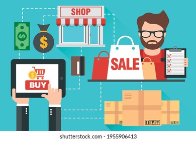 Online purchase through a web application on a laptop. Internet e-commerce. Online shopping concept design flat. Vector illustration