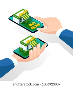 online purchase via smartphone. hand with a smartphone. isometric 3d