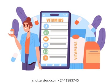 Online purchase of vitamins. Woman with pills and tablets. Supplements for healthy lifestyle and sports. Fitness person with proper diet. Cartoon flat vector illustration isolated on white background