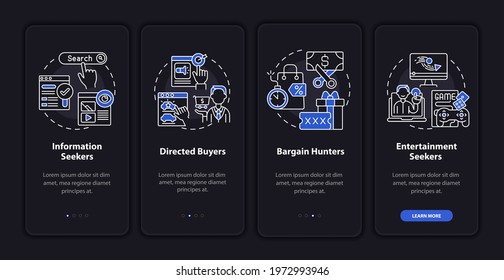Online purchaser behavior onboarding mobile app page screen with concepts. Information search walkthrough 4 steps graphic instructions. UI, UX, GUI vector template with linear night mode illustrations
