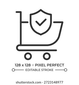 Online purchases security pixel perfect line icon. Shopping cart with approved mark. Customer service. Isolated vector illustration. Outline symbol. Simple linear drawing. Editable stroke