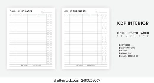 Online Purchases Tracker Printable Template, Online Shopping Log, Items to Buy and Purchases List