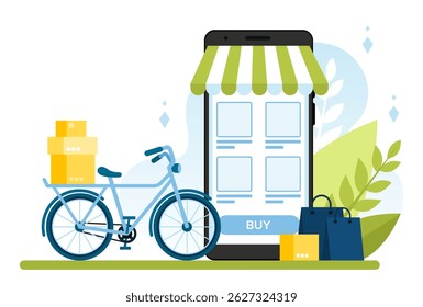 Online purchases via the app and fast delivery around the city by bicycle courier. Cartoon-style business illustration for the purchase and delivery of goods. Summer part-time job for students
