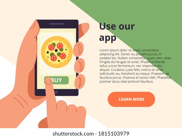 Online purchasing app marketing - Use Our App with handheld mobile device and hand alongside copyspace, colored vector illustration