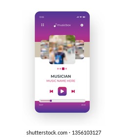 Online purple music player mobile application design template. Editable musics player app user interface design concept. Listen and download rap, pop audio by name musician. UI, UX, GUI screens