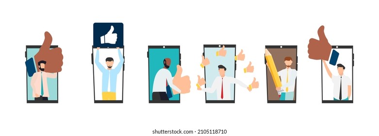 Online quality assessment. Five stars, five likes. Customer feedback, testimonial, online survey concept. Group of people rating customer experience, writing review, leaving feedback. Vector.