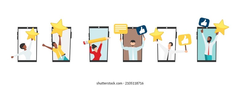 Online quality assessment. Five stars, five likes. Customer feedback, testimonial, online survey concept. Group of people rating customer experience, writing review, leaving feedback. Vector.