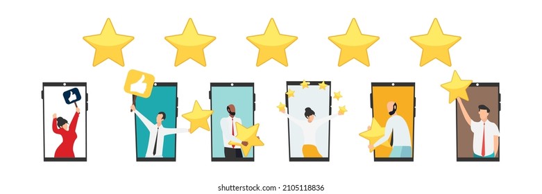 Online quality assessment. Five stars, five likes. Customer feedback, testimonial, online survey concept. Group of people rating customer experience, writing review, leaving feedback. Vector.