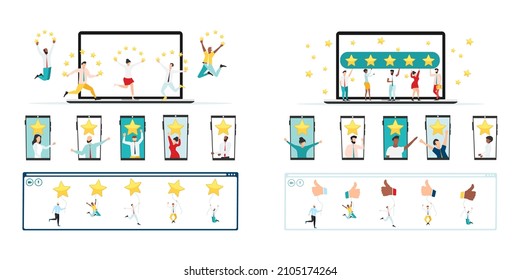 Online quality assessment. Five stars, five likes. Customer feedback, testimonial, online survey concept. Group of people rating customer experience, writing review, leaving feedback. Vector.