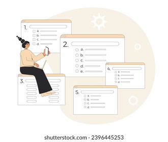 Online quality test. Client opinion answers. Elerning exam. Vector illustration.