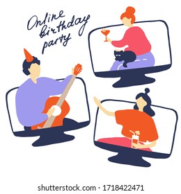 Online quarantine party. Colored characters in different monitors celebrate birthday in period of self-isolation. Man play the guitar, girls drink cocktails in video conference. Vector hand drawn