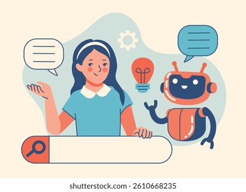 Online question and answer interaction using smart generative tools for knowledge sharing. Vector concept of a young female professional discussing ideas with an AI-powered robot assistant