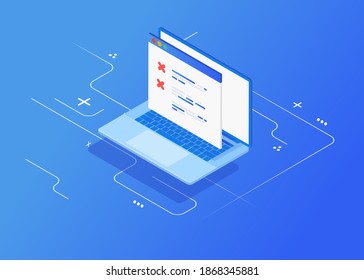 Cuestionario en línea, lista de verificación o prueba en Internet. Encuesta en línea en computadoras de escritorio con icono de documento de hoja de papel. Isométrica ilustración vectorial. Votación