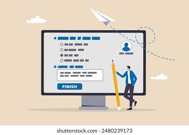 Online questionnaire survey, customer feedback choice or checklist, internet exam, opinion or comment, answer question, surveyor poll concept, man with pencil finish online questionnaire on computer.