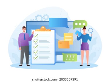 Online questionnaire. Teachers check homework, quiz, exam result and give marks for overall school performance. Flat illustration cartoon vector concept design isolated on white background