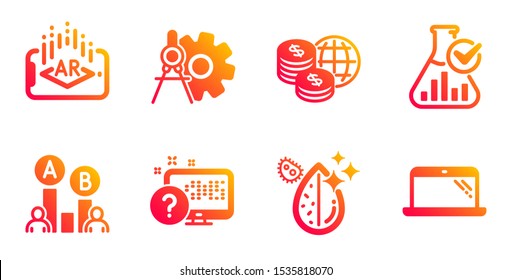 Online quiz, Ab testing and Dirty water line icons set. Augmented reality, Cogwheel dividers and Chemistry lab signs. World money, Laptop symbols. Web support, Test chart. Science set. Vector
