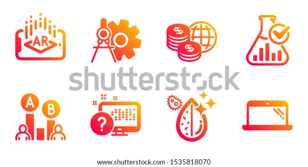 Online quiz, Ab testing and Dirty water line icons\
set. Augmented reality, Cogwheel dividers and Chemistry lab signs.\
World money, Laptop symbols. Web support, Test chart. Science set.\
Vector
