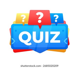 Online quiz app interface with question marks on colorful speech bubbles