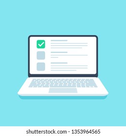 Lista de comprobación del cuestionario en línea. Examen web, opciones en la pantalla del portátil y listas de comprobación del cuestionario. Formulario en línea de aplicación, prueba de pc digital o ilustración vectorial de prueba del sitio web de portátiles