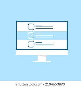 Prueba en línea. PC de escritorio con prueba en línea. Lista de verificación del formulario en pantalla.