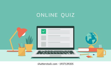 Online Quiz And Exam Concept On Laptop Computer Screen, Flat Design Vector Illustration