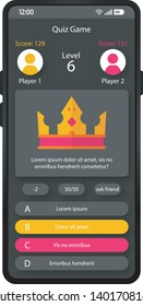 Online quiz game smartphone interface vector template. Mobile trivia app page black design layout. Crown screen. Flat UI for online quiz application. Wrong and right answer phone display