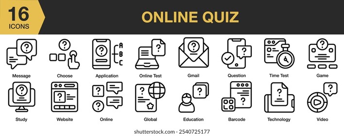 Conjunto de ícones do questionário online. Inclui aplicativo, código de barras, escolha, educação, jogo, global, gmail e muito mais. Contornar coleção de vetores de ícones.