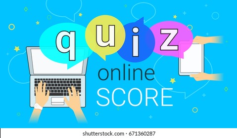 Online quiz interview and online high score game on laptop and pc concept illustration. Human hands typing on laptop and tablet for asking, examing and answering questions. Creative quiz speech bubbles