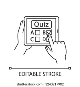 Online quiz linear icon. Quiz app. Play intellectual game. Thin line illustration. Lottery. Online test. Tablet pc game. Contour symbol. Vector isolated outline drawing. Editable stroke