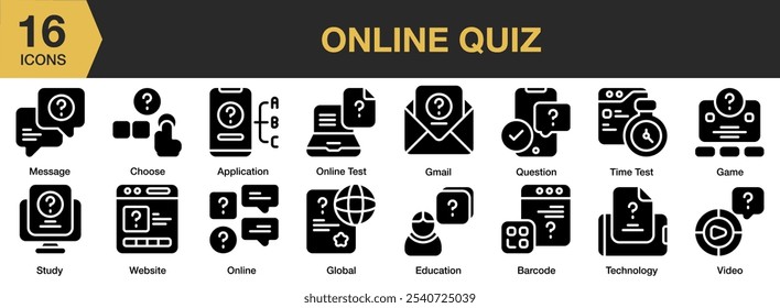 Conjunto de iconos sólidos de prueba en línea. Incluye aplicación, código de barras, elegir, educación, juego, global, gmail y más. Colección de Vector de iconos sólidos.