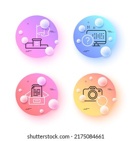 Online quiz, Winner flag and Documents box minimal line icons. 3d spheres or balls buttons. Recovery photo icons. For web, application, printing. Web support, Leadership, Bureaucracy. Vector