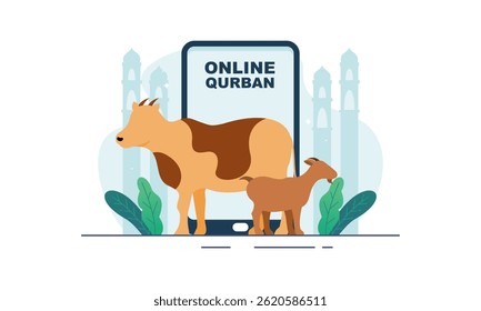 Online Qurban Concept. Happy Eid Al Adha Mubarak with Sacrificial Animals Illustration.