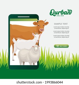 Online Qurban mobile application concept. Illustration of a smart phone with sacrificial animal for Eid al Adha