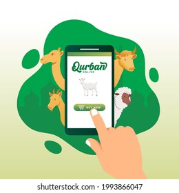 Concepto de aplicación móvil Qurban en línea. Ilustración de un teléfono inteligente con un animal de sacrificio para Eid al Adha