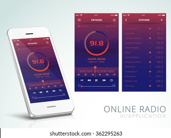 Online Radio Application User Interface Layout Including FM Radio Screen And Station Screens For Mobile Apps.
