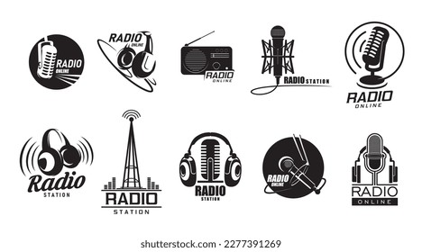 Online radio icons, radio station podcast and music sound, vector symbols. Web radio app icons for internet FM radio broadcast, online audio news and DJ live play stream in mobile application